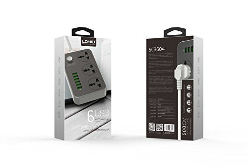 Power Socket LDNIO SC3604 | Smart 6 Usb Charging Ports 3.4A | 3 Universal International Socket |  2 Metre Cord Length || 2500W 10A Rated Power