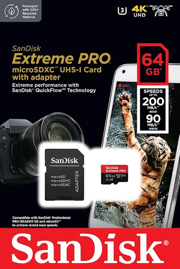 SanDisk 64GB Extreme PRO microSDXC Card + SD Adapter + RescuePro Deluxe, up to 200 MB/s, with A2 App Performance, for Smartphones, Action Cameras or Drones UHS-I Class 10 U3 V30