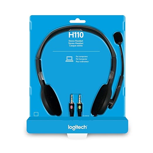 Logitech H110 Wired On Ear Headphones With Mic, Stereo With Noise-Cancelling,3.5-Mm Dual Audio Jack, PcMacLaptop- Black