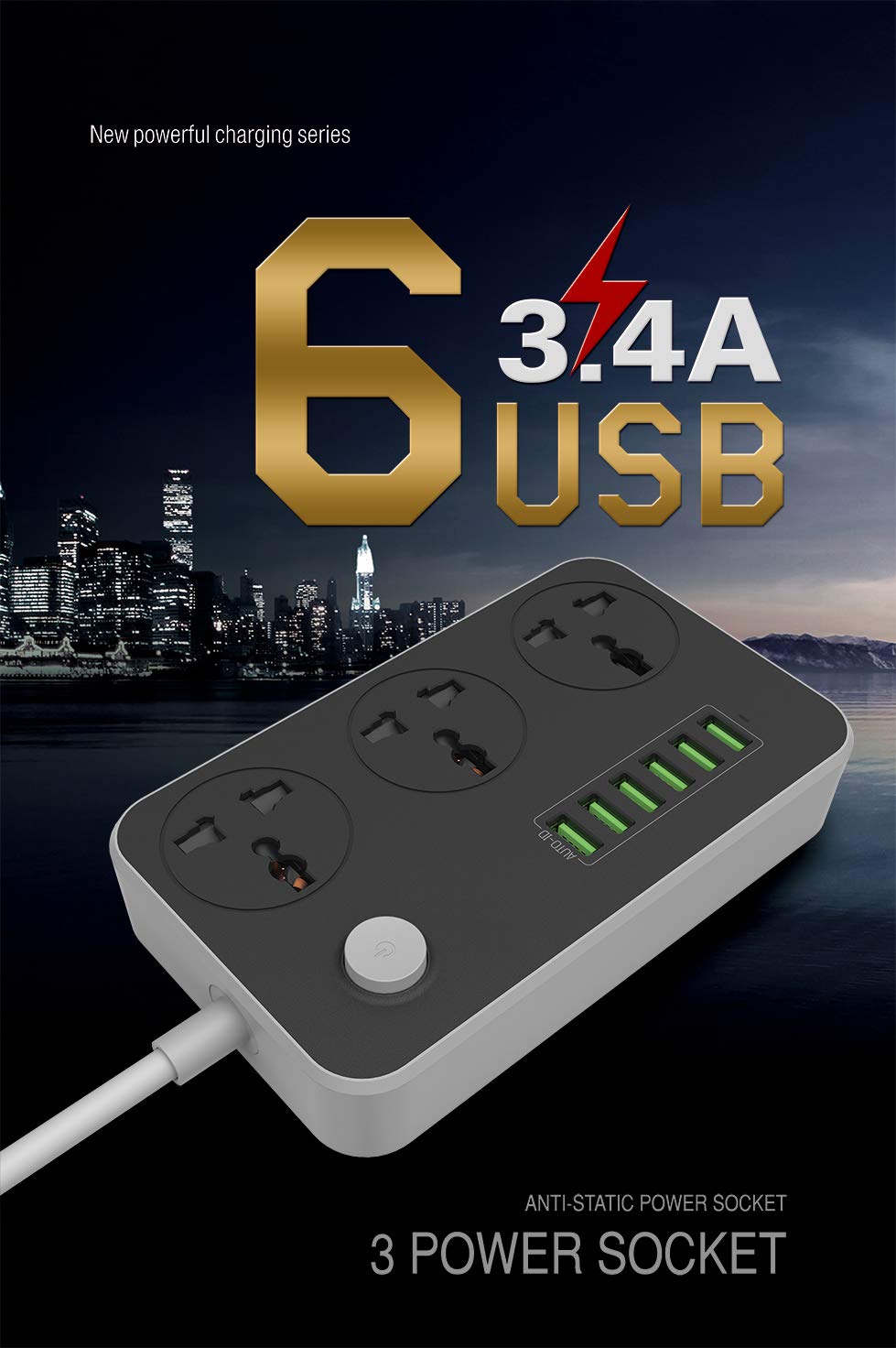 Power Socket LDNIO SC3604 | Smart 6 Usb Charging Ports 3.4A | 3 Universal International Socket |  2 Metre Cord Length || 2500W 10A Rated Power