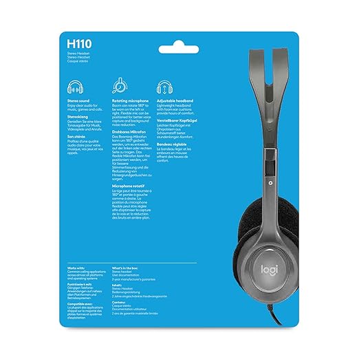 Logitech H110 Wired On Ear Headphones With Mic, Stereo With Noise-Cancelling,3.5-Mm Dual Audio Jack, PcMacLaptop- Black