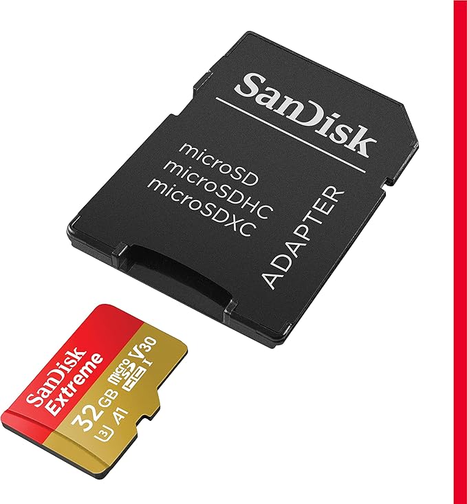 SanDisk 32GB Extreme microSDHC UHS-I Memory Card with Adapter - Up to 100MB/s, C10, U3, V30, 4K, A1, Micro SD - SDSQXAF-032G-GN6MA