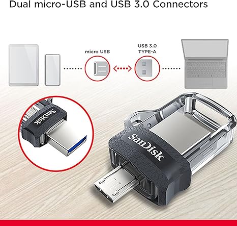 محرك أقراص SanDisk Ultra Dual بسعة 256 جيجابايت، مزود بمنافذ m3.0 وmicroUSB وUSB Type-A، يدعم USB 3.0 عالي السرعة، بتصميم قابل للسحب لأجهزة Android وأجهزة الكمبيوتر - SDDD3-256G-G46 