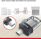 محرك أقراص SanDisk Ultra Dual بسعة 256 جيجابايت، مزود بمنافذ m3.0 وmicroUSB وUSB Type-A، يدعم USB 3.0 عالي السرعة، بتصميم قابل للسحب لأجهزة Android وأجهزة الكمبيوتر - SDDD3-256G-G46 