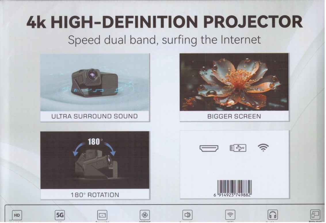 Smartbarry HT36 4K High-definition Manual Focusing 5G Dual Band Speed,HD Input 4000mAh Battery Capacity WiFi Bluetooth Projector Android 11.0 Home Theater, Movies,Video Gaming, Office Work Meetings Projector